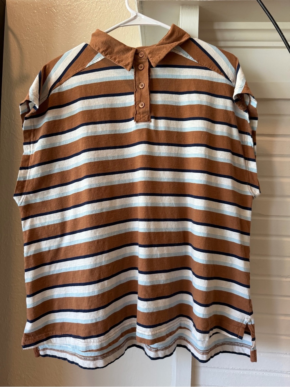 Aerie Striped Polo Shirt Brown Blue White Cotton Short Sleeve Collared Top Large